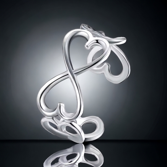 Silver 925 Double Loving Heart Cuff Bracelet - Picture 2 of 3